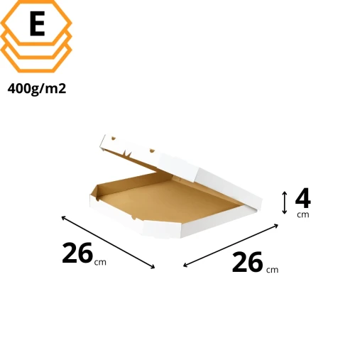 Biały karton na pizzę 26x26x4 cm ze ściętymi narożnikami – jednorazowe i solidne opakowanie do bezpiecznego transportu.webp