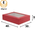 Czerwony karton na ciasta 40x30x9 cm, z zamykanym wiekiem i oknem, do transportu ciast i tart.webp