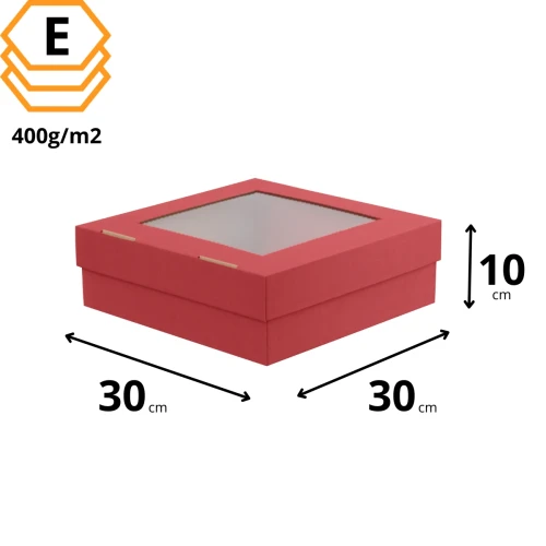 Czerwony karton na muffiny 30x30x10 cm z oknem, do transportu babeczek i ciastek.webp