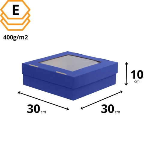 Niebieskie pudełko 30x30x10 cm z oknem, idealne opakowanie na mały prezent.webp