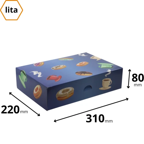 Pudełko na pączki i ciasta oraz ciasteczka niebieskie, do kontatku z żywnością - ekologiczne 310x220x80.webp