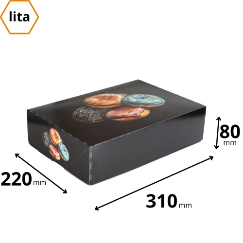 Kartonik na pączki i ciasta oraz ciasteczka czarny kolor, do kontatku z żywnością - ekologiczne 310x220x80.webp