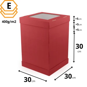 Pudełko Jumbo na wysoki tort czerwone 30x30x45 cm z regulacją wysokości i okienkiem - 210 sztuk