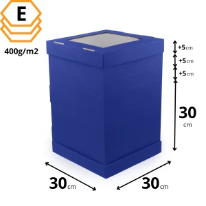 Pudełko Jumbo na wysoki tort niebieskie 30x30x45 cm z regulacją wysokości i okienkiem - 210 sztuk