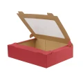 Pudełko cukiernicze 40x30x9 cm, czerwone, z integralną pokrywą i okienkiem, na duże wypieki.webp