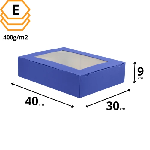 Niebieski karton na wypieki 40x30x9 cm, z zamykanym wiekiem i oknem, do transportu ciast.webp