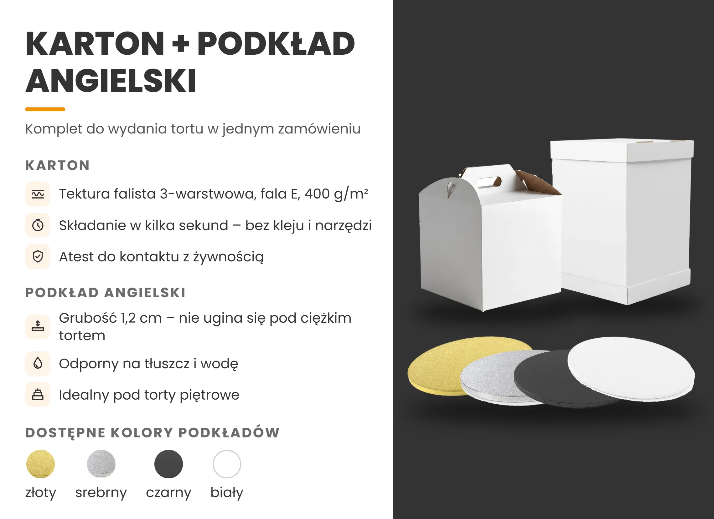 Kartony na tort 26L z rączką, 30XL i Jumbo z podkładami angielskimi w kolorach złotym, srebrnym, czarnym i białym